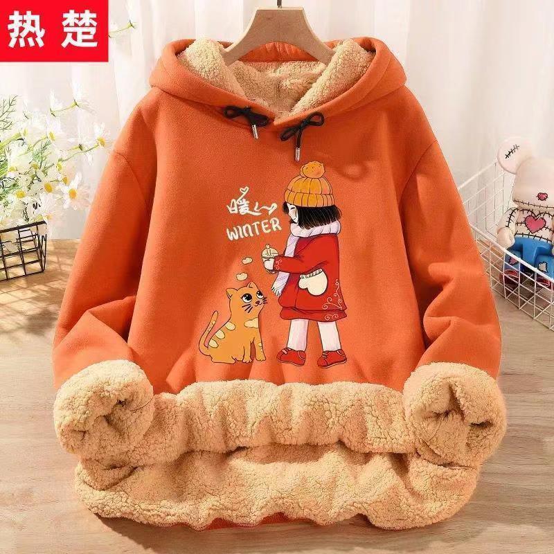 Fleece Sweatshirt Women's Winter 2021 New Loose Student Hooded Cashmere Top Winter Thickeneded Jacket 12