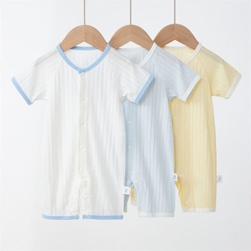 Baby one-piece short-sleeve summer thin tunic crawl suit for 1-year-old boys and girls, pure cotton boneless harney with front opening