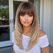 八字刘海中长纹理直发欧美知性假发女机制金色化纤头套层次Wigs