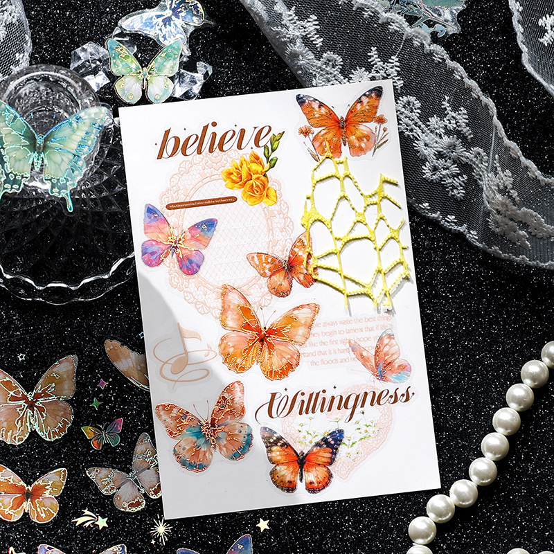 Sombra de mariposa intermitente Pegatina de pet transparente a prueba de agua Pegatina de diario de cuenta manual de bricolaje Pegatina láser de estampado en caliente de mariposa retro transfronteriza