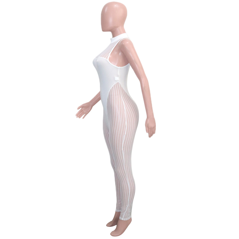 Sexy Bold Stripes Mesh See-through Sleeveless round Neck Jumpsuit for Women