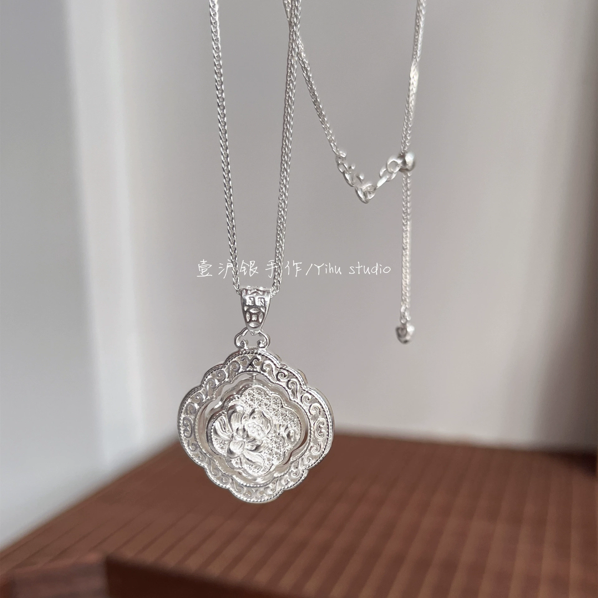 Square double-sided silver bracelet, necklace for friend, Chinese style, 925 sample silver