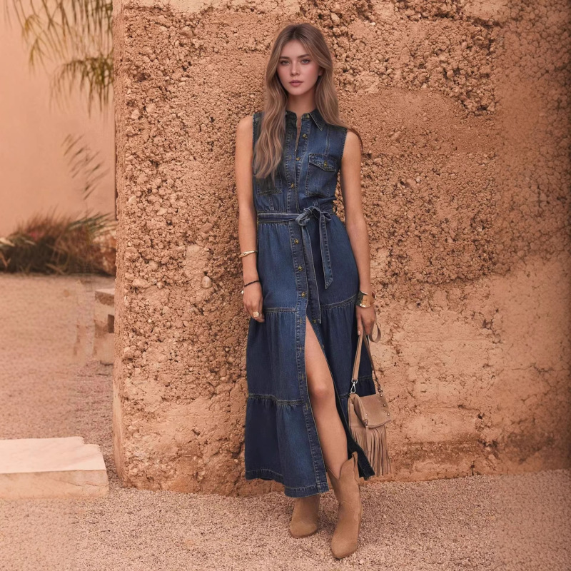 Light Luxury Dress in High-End Blue Color, Sleeveless with a Waist Tie, European and American Design, Denim Cross-Border Long Dress Light Luxury Dress in High-End Blue Color, Sleeveless with a Waist Tie, European and American Design, Denim Cross-Border Long Dress