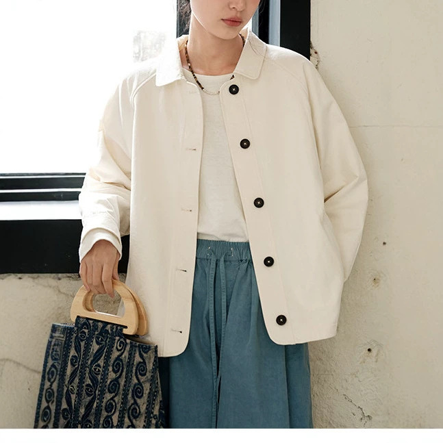 100% fine-count long-staple cotton, simple and versatile casual short jacket for women, long-sleeved jacket top