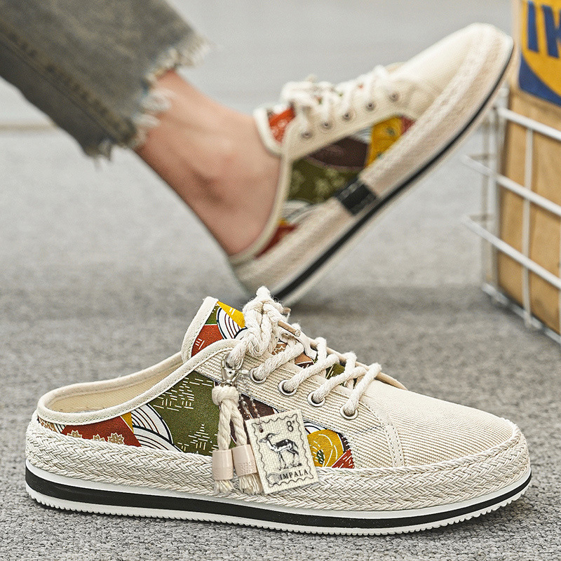 Zapatos de lona medio arrastre para hombre 2025 nuevas zapatillas de deporte casuales de verano delgadas, transpirables, zapatos de tela de trabajo perezosos