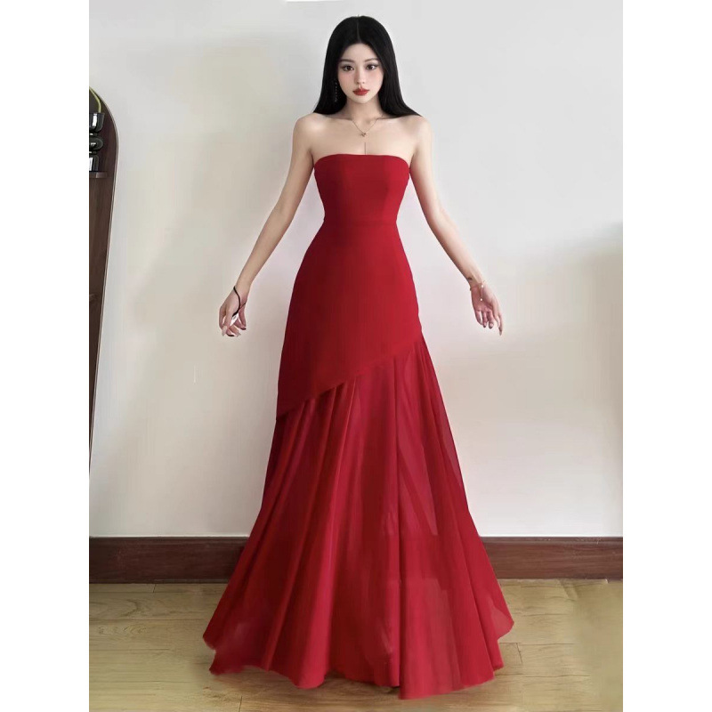 Island Vacation Long Dress with a High-End Feel, Unique and Beautiful Red Dress, Strapless with Slit, Elegant Party Dress, Evening Gown