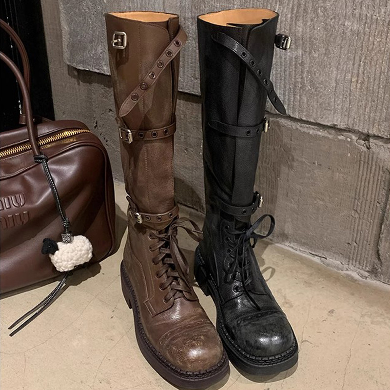 New Autumn and Winter Style Motorcycle Miu Fashionable Leather Buckle Retro Chunky Heel Mid-High Tube Riding Boots for Women Autumn New Autumn and Winter Style Motorcycle Miu Fashionable Leather Buckle Retro Chunky Heel Mid-High Tube Riding Boots for Women Autumn