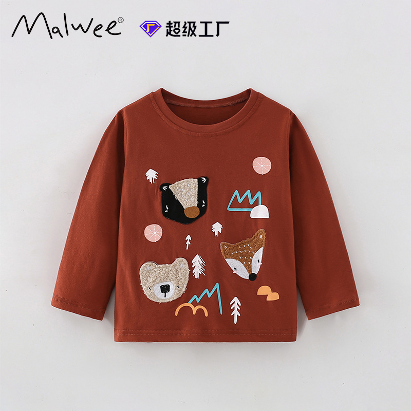 Malwee transfronterizo camiseta infantil otoño y invierno nuevo estilo europeo y americano para niños de cuello redondo camiseta de manga larga camiseta de base chaqueta casual