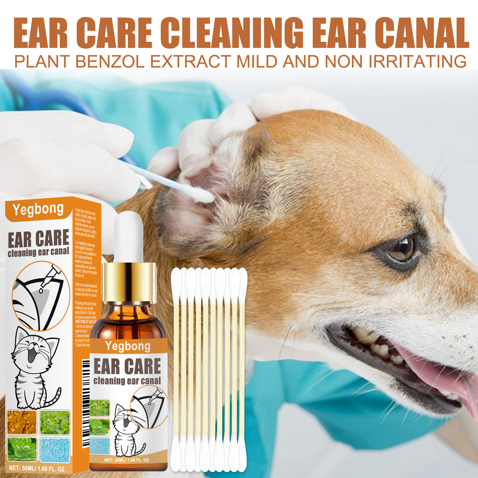 Yegbong Pet Ear Cleansing Liquid Cat and Dog Ear Mite Cleaning Ear Drops Cleans the Ear Canal and Deodorizes with Cotton Swabs