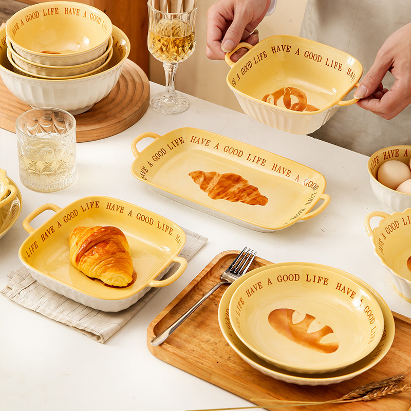 Nordic Ins Style Ceramic Bowl Tableware Set, Plates, Rice Bowls, Double-Handle Bowls, Soup Bowls, Light Luxury Retro Porcelain Bowls