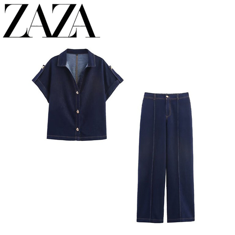 Zaza Self-Made European and American Style Wholesale Women's Clothing, Fashionable and Versatile Short-Sleeved Denim Shirt + Wide-Leg Jeans