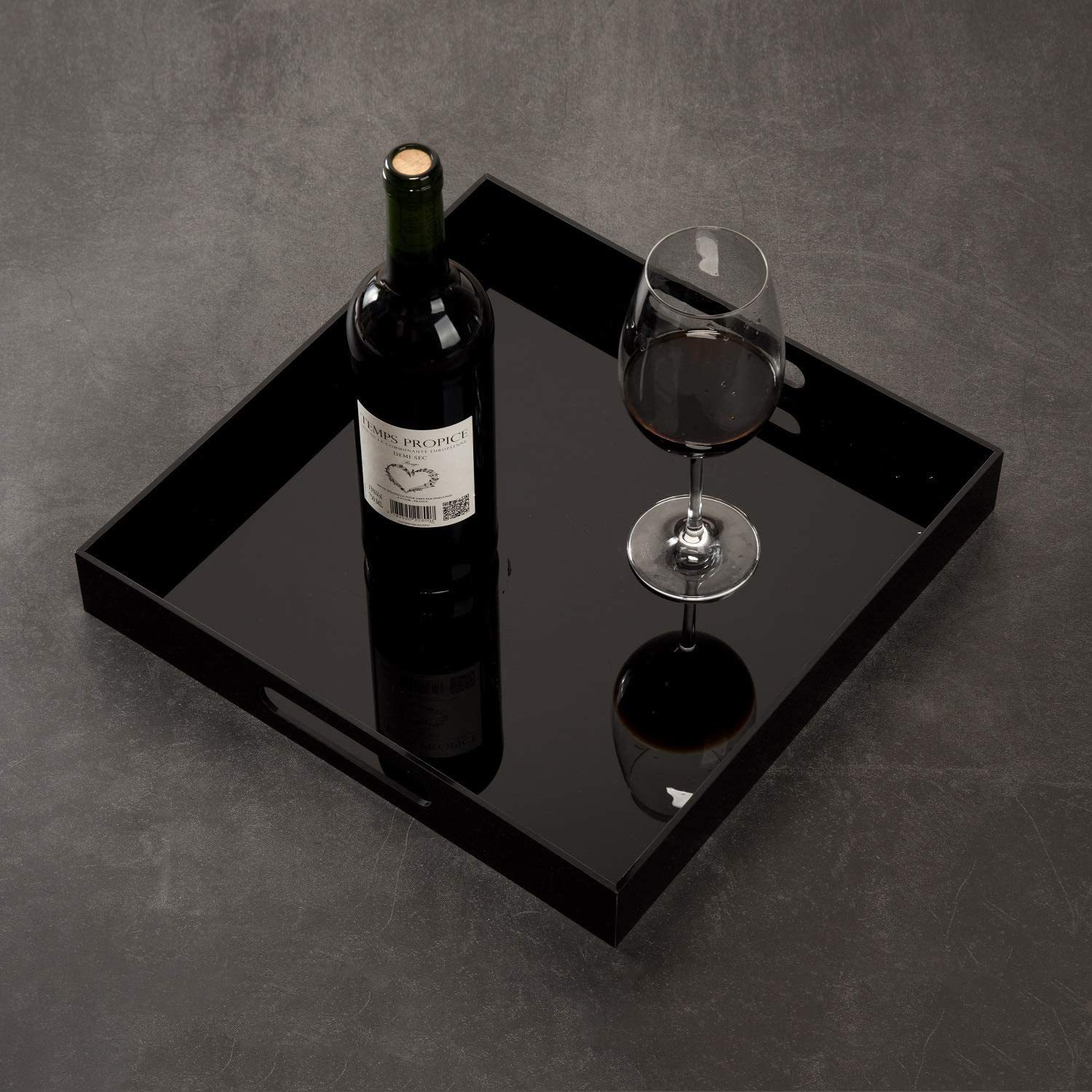 黑色亚克力托盘带把手14x14英寸咖啡早餐厨房台面托盘化妆抽屉整