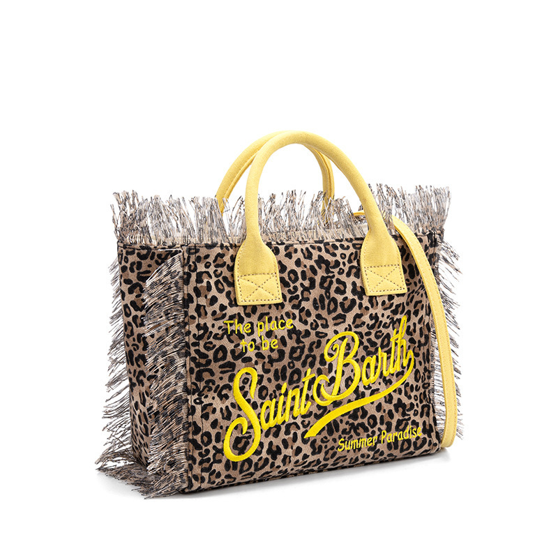 Saint Barthハンドバッグ新商品ビーチカジュアルフリンジキャンバスヒョウ柄黄色小カバントートバッグ女性|undefined