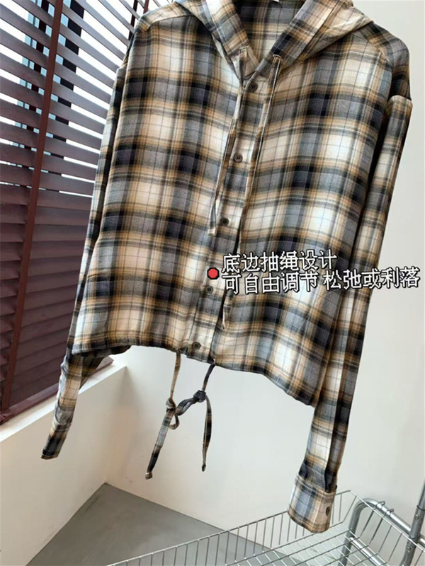 AC同款 复古佰搭宽松版翻领落肩长袖底边抽绳格纹连帽衬衣|undefined