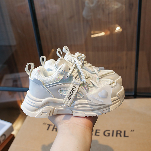 Children's Shoes Sports Shoes Autumn Middle-Size Kids Sparkling Heart Dad Shoes Korean Version Girl Casual Shoes