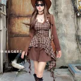 纯欲美式拉德辣妹收腰套装吊带秋季开衫不规则外套复古格纹连衣裙