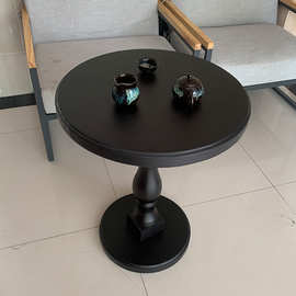 8BWI圆形咖啡桌美式餐桌实木洽谈桌椅80阳台黑色茶几法式复古小圆