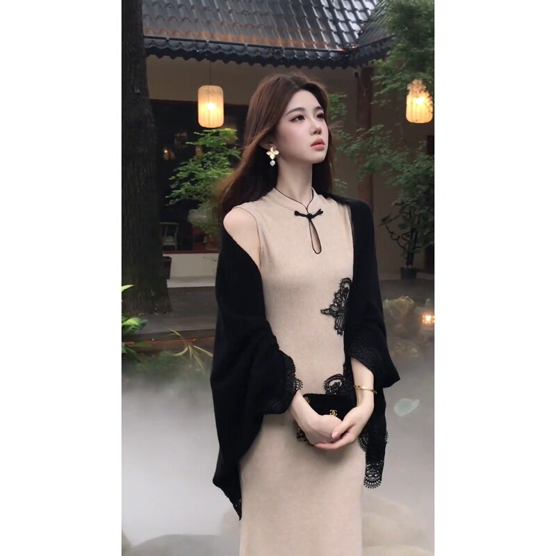 新中式国风秋季新款无袖旗袍连衣裙女蕾丝拼接披肩套装|undefined