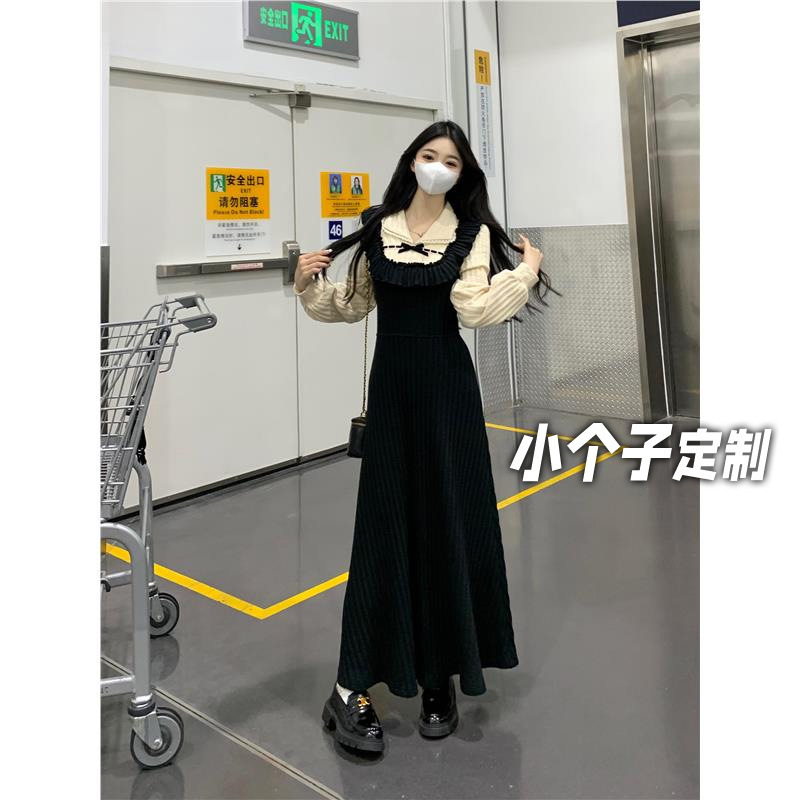 150 Short Fake Two-piece French Stitching dress Women's Autumn Slim-fit Waist A- shaped Mid-length Black Dress 150 Short Fake Two-piece French Stitching dress Women's Autumn Slim-fit Waist A- shaped Mid-length Black Dress