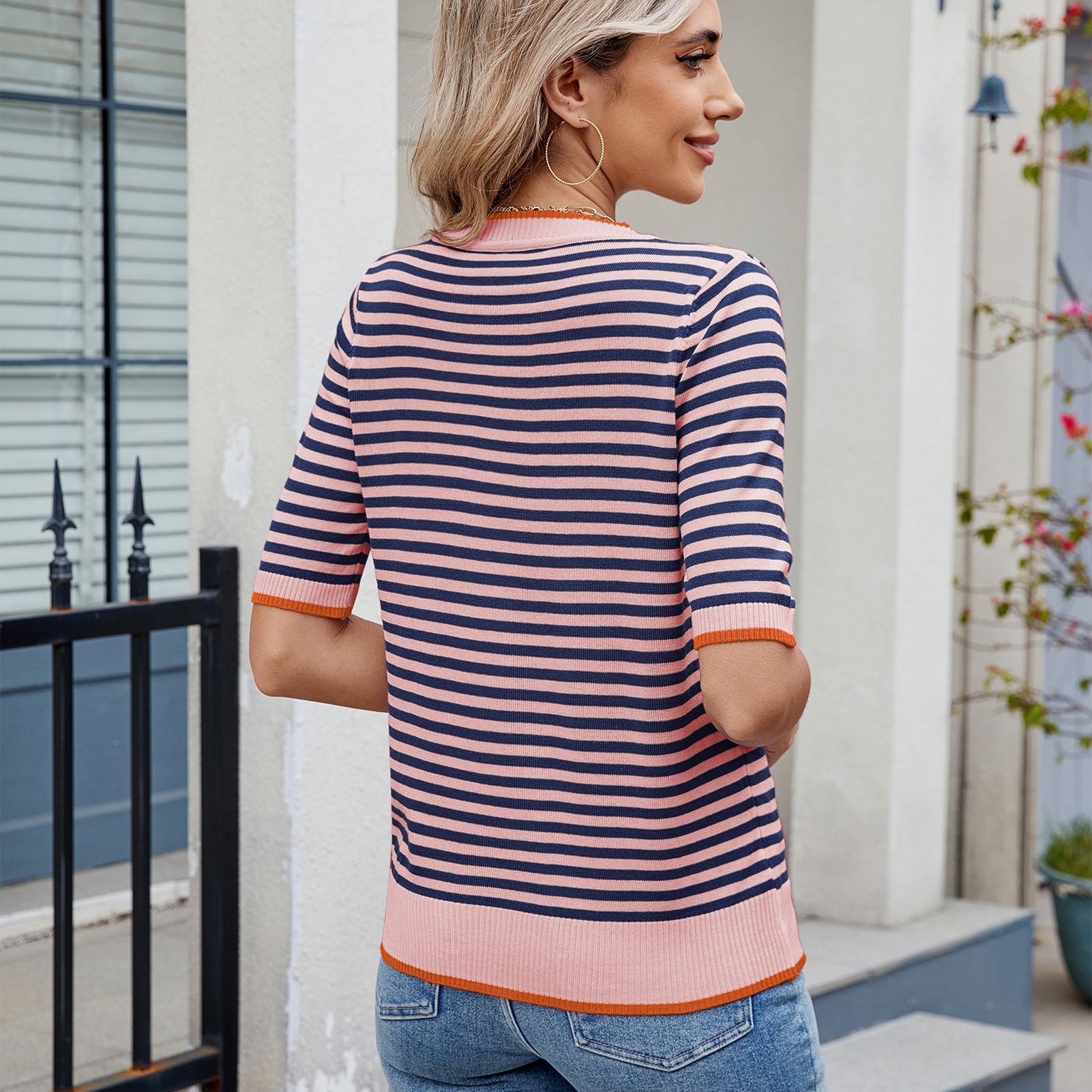 Women Clothing Summer Stripe Knitted T shirt Short Sleeve Ice Silk Contrast Color British College