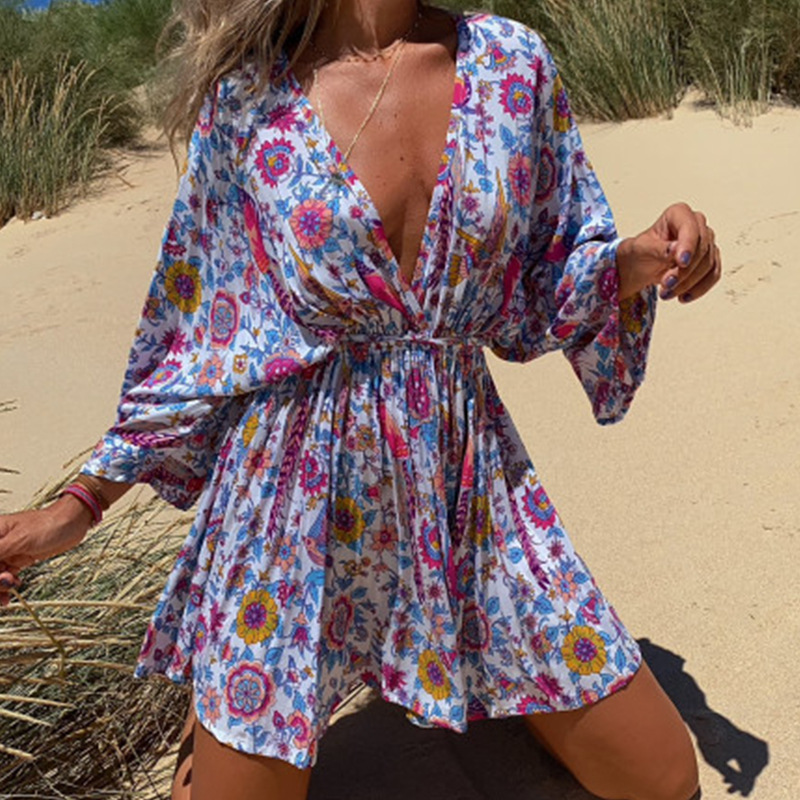 floral print V-neck long-sleeved short loose dress NSJZC123752