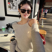 韩国chic 2025春季新品法式简约百搭圆领露肩设计长袖针织衫毛衣