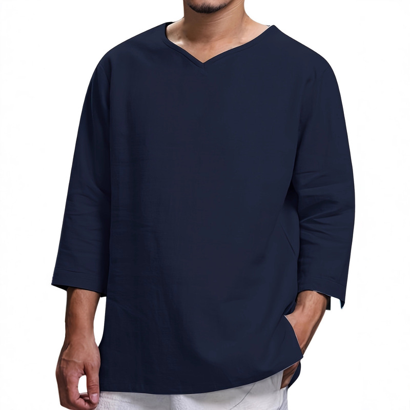 2025 European and American Men's Clothing Summer Hot Sale: Trendy Simple Breathable Casual Long-Sleeve V-Neck Cotton-Linen Loose Shirt 2025 European and American Men's Clothing Summer Hot Sale: Trendy Simple Breathable Casual Long-Sleeve V-Neck Cotton-Linen Loose Shirt