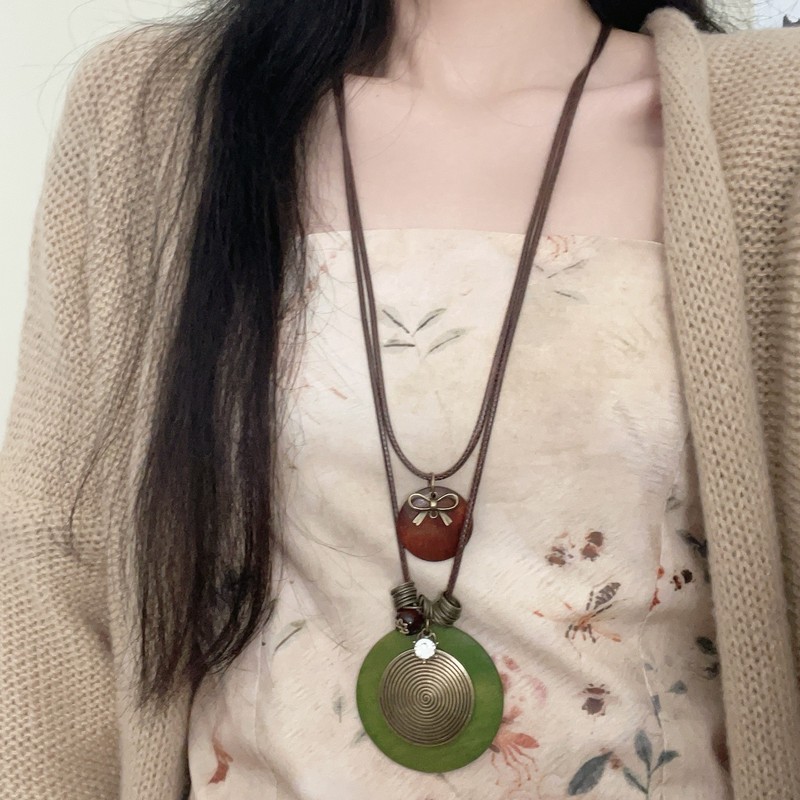 新中式叠戴吊坠项链女藏式民族风复古锁骨链小众古风百搭毛衣链潮|undefined