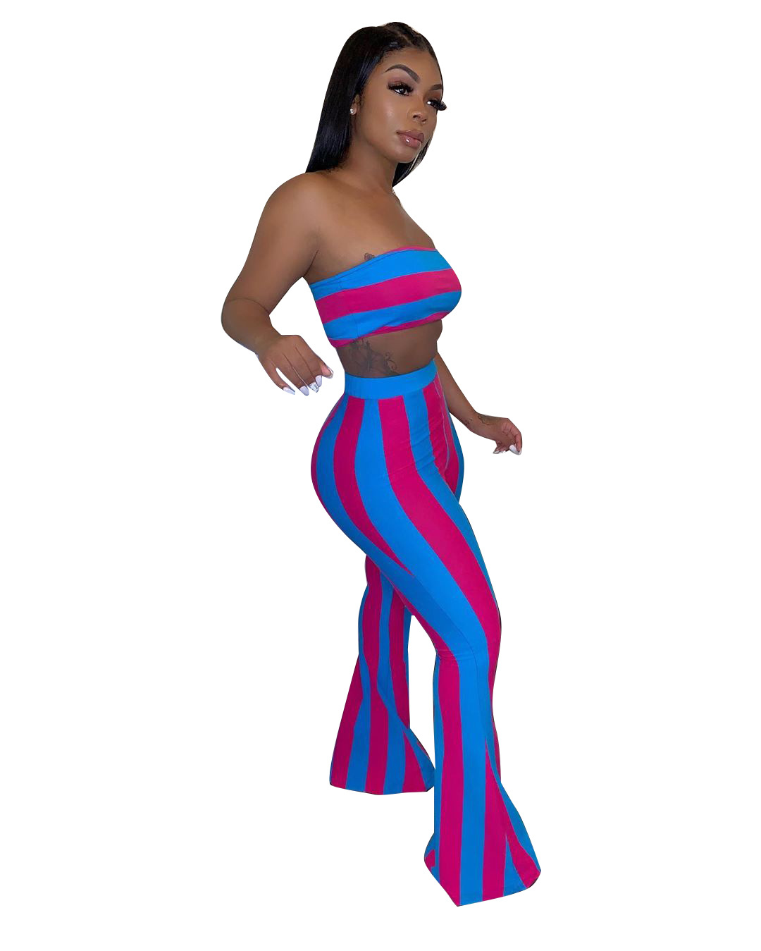 Damen Bandeau Oberteil Und Schlaghose Im Streifenlook Set_voghion.com