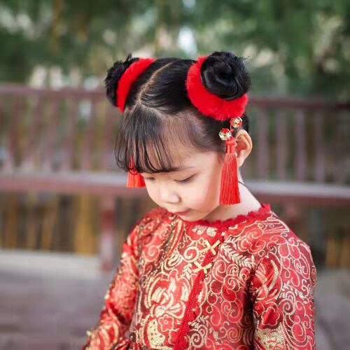 Children's New Year Chinese style plush tassel hairband ancient style headband hair accessories girls rubber band baby New Year's headwear
