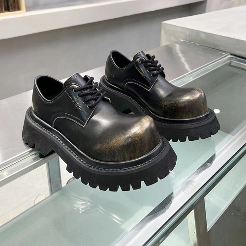 Unisex Mickey Big-Head Derby Shoes in British Style: Chunky Sole Lace-Up Leather Shoes with Round Toes and Thick Heels—Made from Genuine Leather Loafers