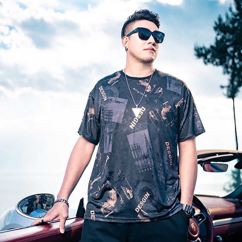 Summer Oversized Pullover Round Neck Short-Sleeve T-Shirt for Men, Loose Fit, Printed, Plus Size, Men's Ice Silk Quick-Dry Half-Sleeve