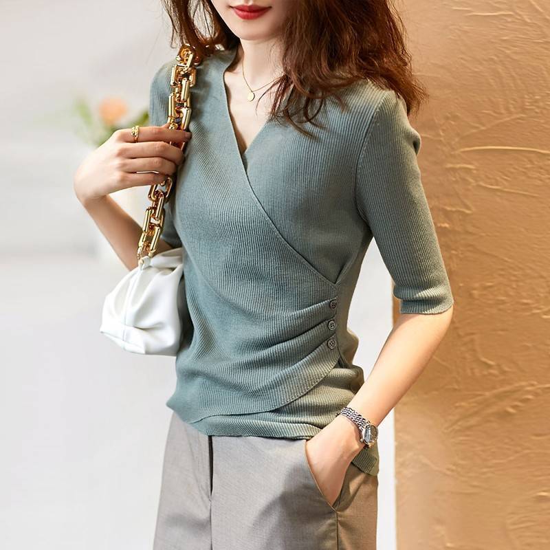 Cross-Border New Women's Spring and Summer Collared Tops, Irregular Sweaters, Slim Fit, Fashionable European Short-Sleeved Shirts