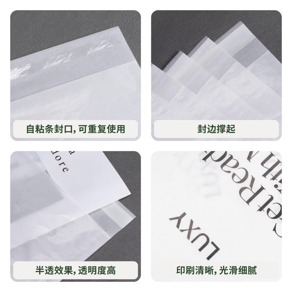 Bolsa de papel glasin translúcido blanco en stock bolsa autoadhesiva totalmente degradable bolsa de embalaje de papel de cera ecológica al por mayor