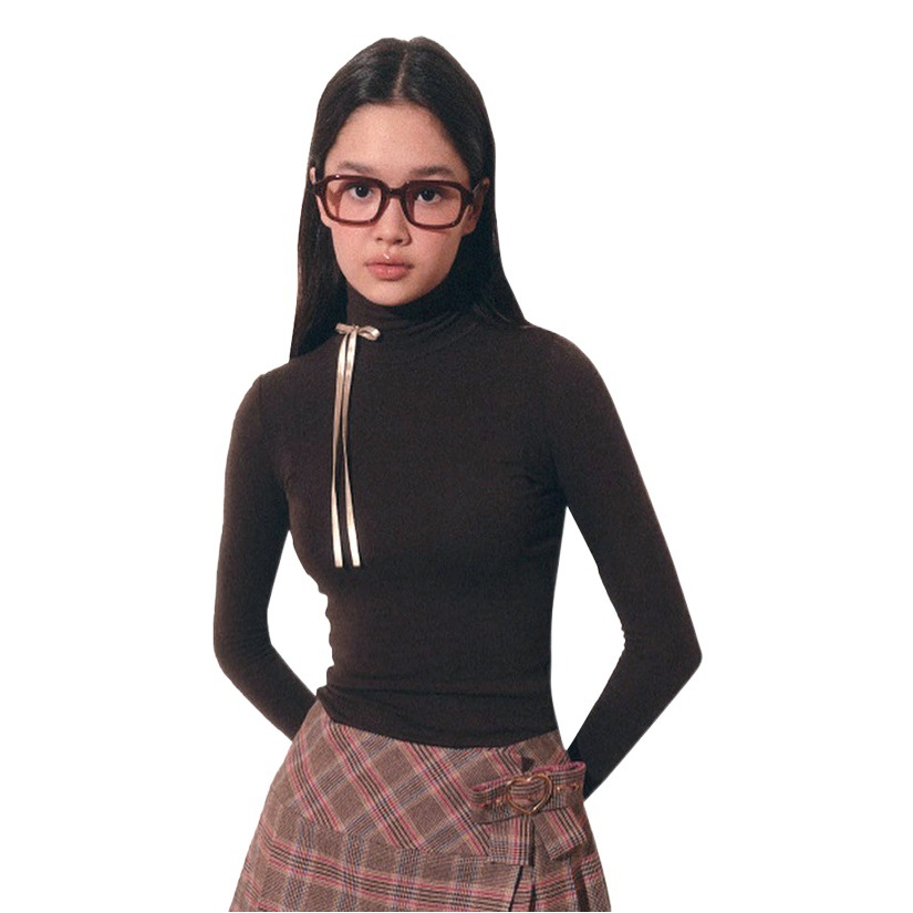 Y23tp668 mujeres europeas y americanas otoño Amazon nuevo color sólido cuello alto dedo conjunto manga larga encaje-arriba camiseta para mujeres