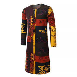 2025 Arabic Robe European and American Cotton and Linen Men's Casual Loose Oracle Ethnic Print Long Nightgown Men's Clothing