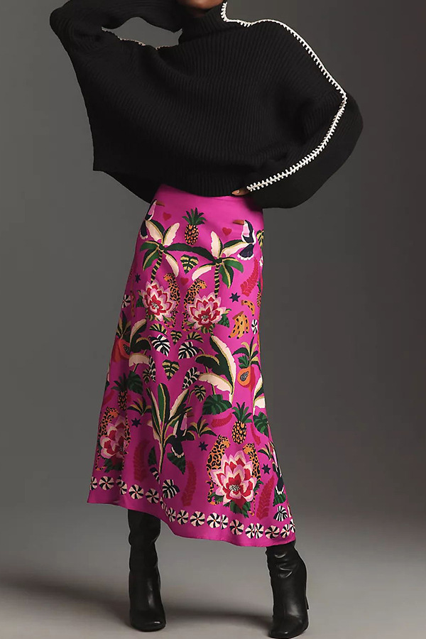 Polyester Fabric Type Mid Waist Waist Line Summer Vacation Plant Flower Polyester Knee-Length Skirts