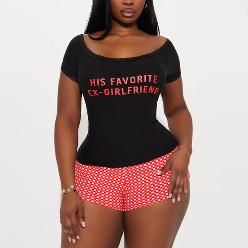 New European and American cross-border pajamas women's summer fashion printed short-sleeved T-shirt shorts home clothes two-piece set can be worn outside 