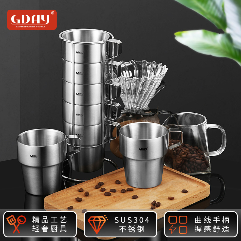 304不锈钢咖啡杯办公室双层口杯马克杯家用喝水杯下午茶杯子套装