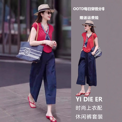 2025超火夏装一整套时尚减龄巨好看的红色短袖休闲裤两件套装女装