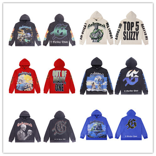 25Ss Cross-Border American Trendy Brand God Street Retro Skull Print Washed and Distressed Hooded Pullover Sweatshirt for Men and Women
