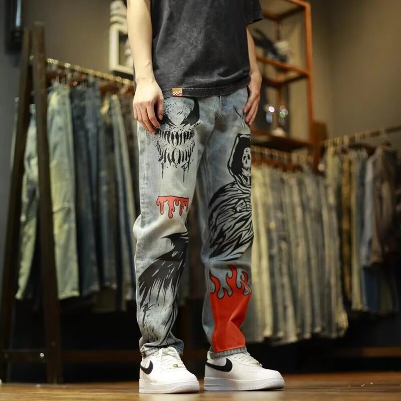 Summer American Casual Handsome Retro Graffiti Printed Jeans Men's Straight Loose High Street Personalized Wide Leg Pants