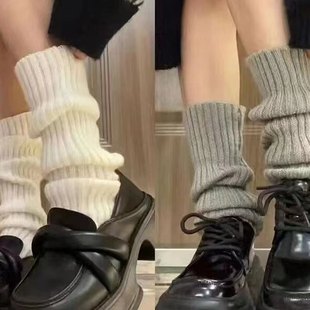 Solid color black and white socks wool pile socks lolitajk knitted women's socks mid-calf length socks autumn and winter warm leg cover