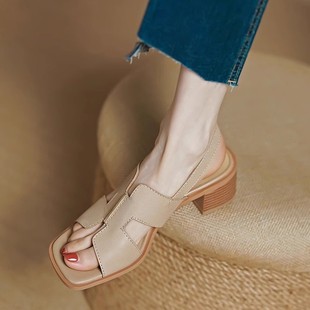 In Stock~2025 Summer New Thick Heel Square Toe Open Toe Roman Sandals Women's Shoes Genuine Leather Retro High Heel Sandals
