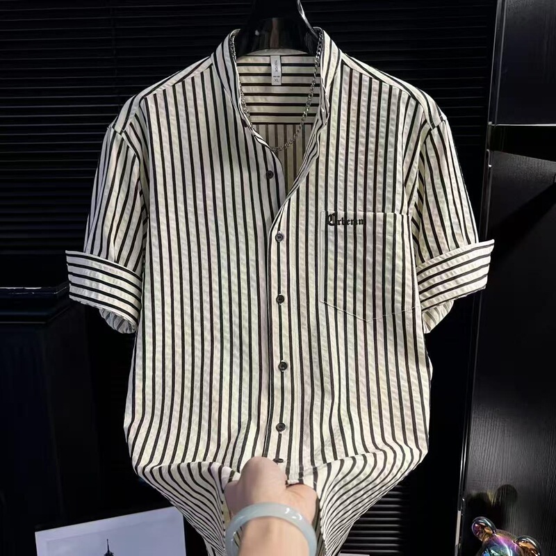 2026 High-End Men's Trendy Shirts, Men's Fashion, New Hong Kong Style Casual Striped Fashion Short-Sleeve Shirts, Ready to Ship 2026 High-End Men's Trendy Shirts, Men's Fashion, New Hong Kong Style Casual Striped Fashion Short-Sleeve Shirts, Ready to Ship