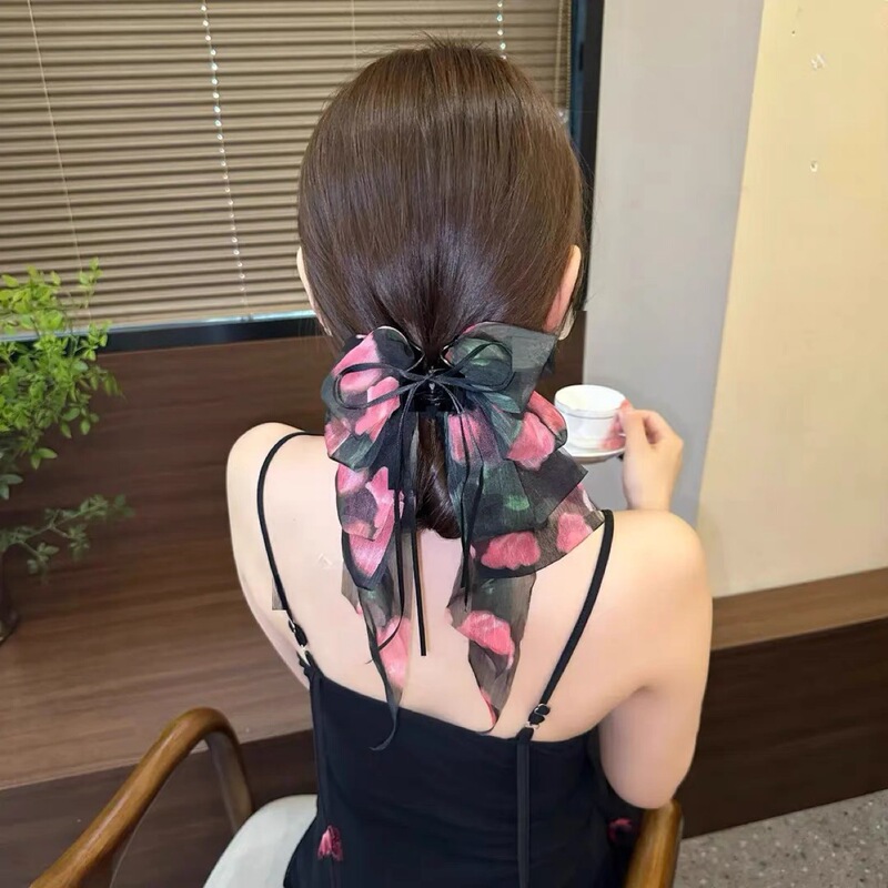 网红碎花大蝴蝶结飘带抓夹森系高级感后脑勺鲨鱼夹雪纺布艺马尾夹|undefined