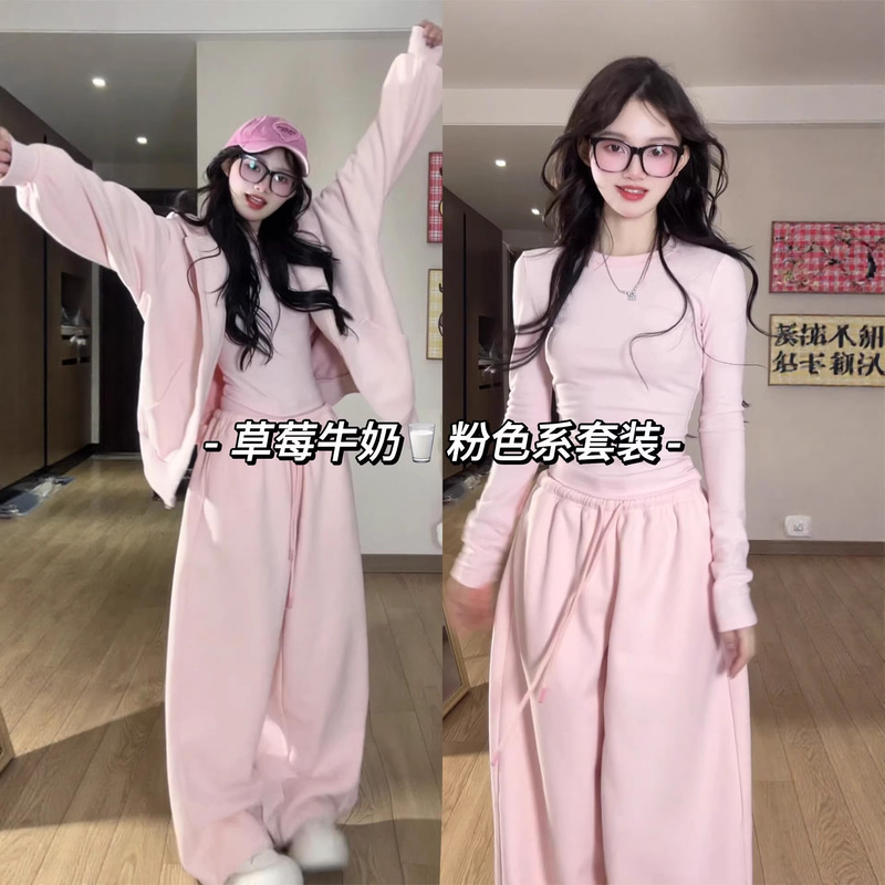 Shandong Jimo Fleece-Lined Thickened Sweatshirt Jacket for Women 2026 New Early Spring Lazy Korean Style Outfit Sweatshirt Set