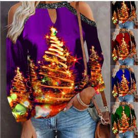 2021亚马逊wish跨境秋装新款 挂脖纽扣长袖镂空灯笼袖圣诞女式T恤