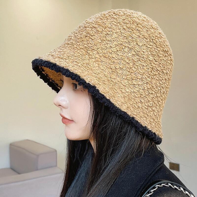 Korean version of the contrast color side plush bucket hat children autumn and winter fashion fisherman hat face small warm basin hat spot wholesale