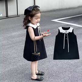 经典小黑裙女童连衣裙夏季新款韩版洋气无袖娃娃领背心裙公主裙潮